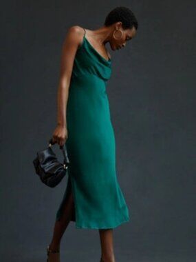 ANTHROPOLOGIE Elyse Bias Cut Slip Dress, Dark Green, Women's Size M